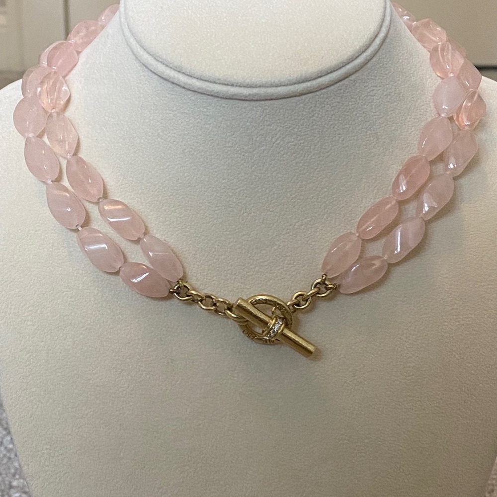 Designer SLANE ~ 18K Yellow Gold ~ Rose Quartz & Diamond Necklace Double Strand - Picture 9 of 16
